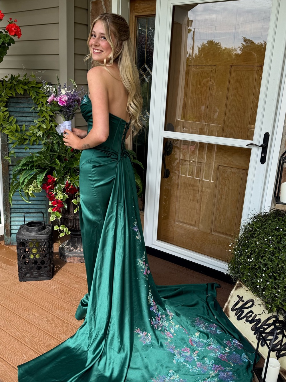 Emerald Green Strapless Maxi Skirt with Embroidered Sweetheart Bodice